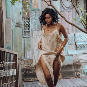 NWOT Myrah Penaloza Aura Slip Beige Linen Dress One Size